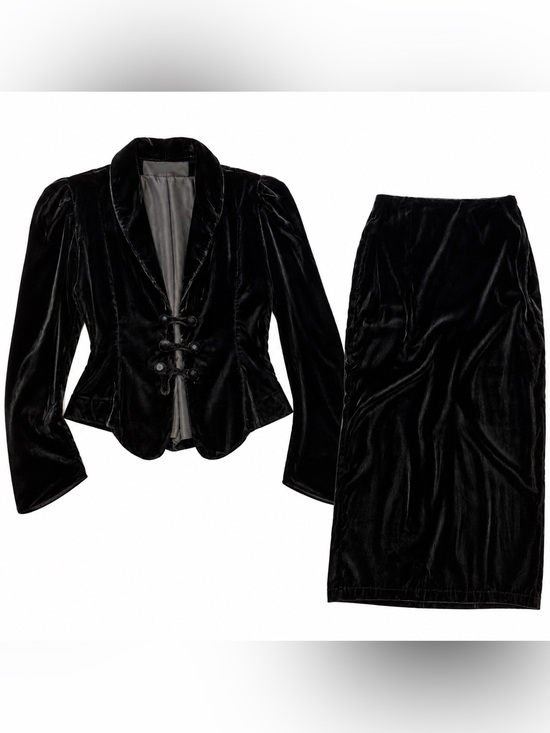Norma Kamali Dresses & Skirts - Vintage Norma Kamali Black Velvet Skirt Suit Blazer Set Made USA Old Money